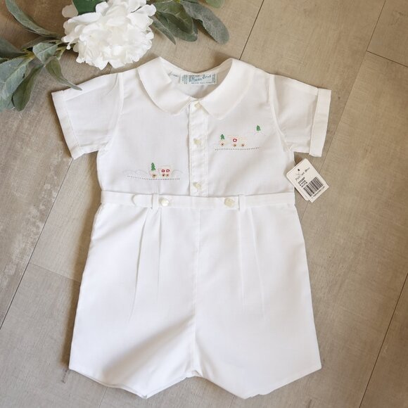 Boy's Feltman Brothers Belted Romper Train Embroidery 6/9 Months NWT RARE FIND - Picture 1 of 4